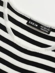 SHEIN BASICS Striped Pattern Crop Knit Top - Black and White - View 8