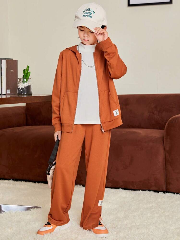 Tween Boy Letter Patched Detail Zip Up Hoodie & Pants With Tee