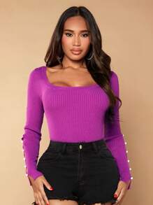 SHEIN SXY 紐扣細節方領條紋針織套頭毛衣 - 中紫紅色 - 查看 1