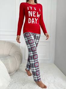 RueChic Slogan Graphic Tee & Plaid Print Pants PJ Set - Multicolor - View 4