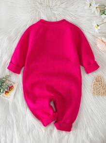 Baby Girl Solid Button Detail Raglan Sleeve Knit Jumpsuit - Hot Pink - View 2