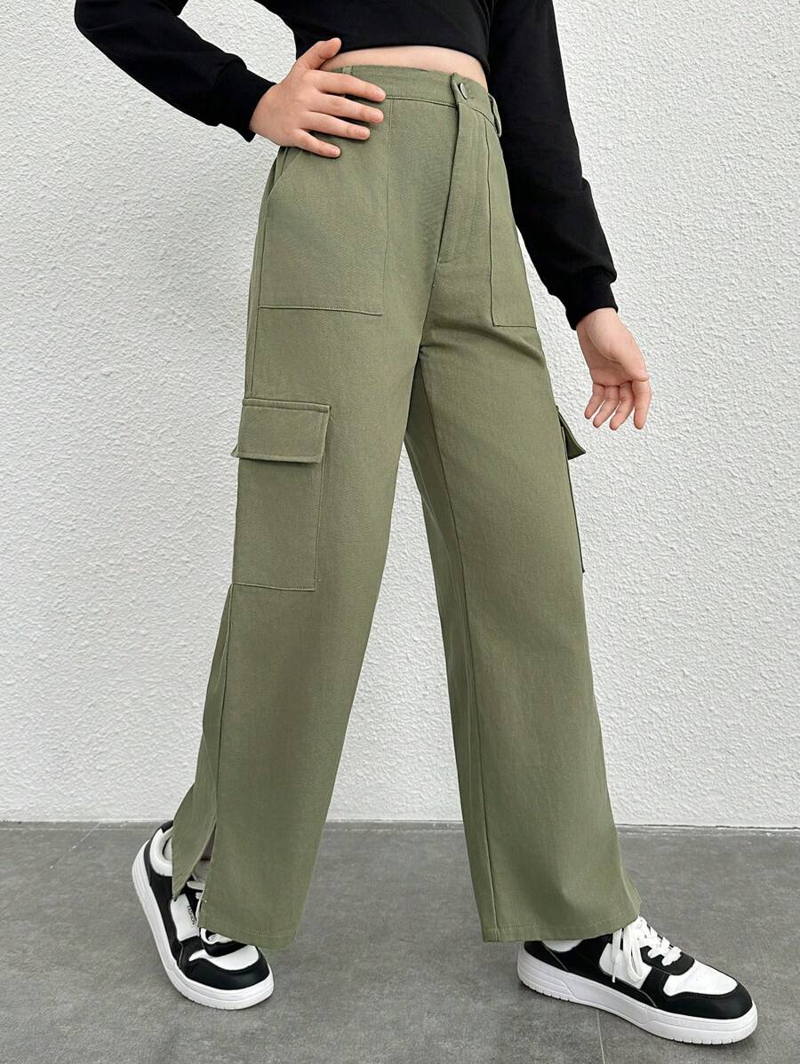 SHEIN Thiếu niên cô gái Túi nắp bên cạnh Viền chia cắt Quần Cargo - xanh quân đội - Xem 1