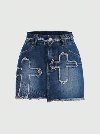 Grunge Punk Punk Rock sexy tief sitzender zerrissener Kreuz-bestickter Vintage Denim Minirock