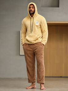 男士字母貼布袋鼠口袋抽繩毛絨帽衫 - 黃色 - 查看 3