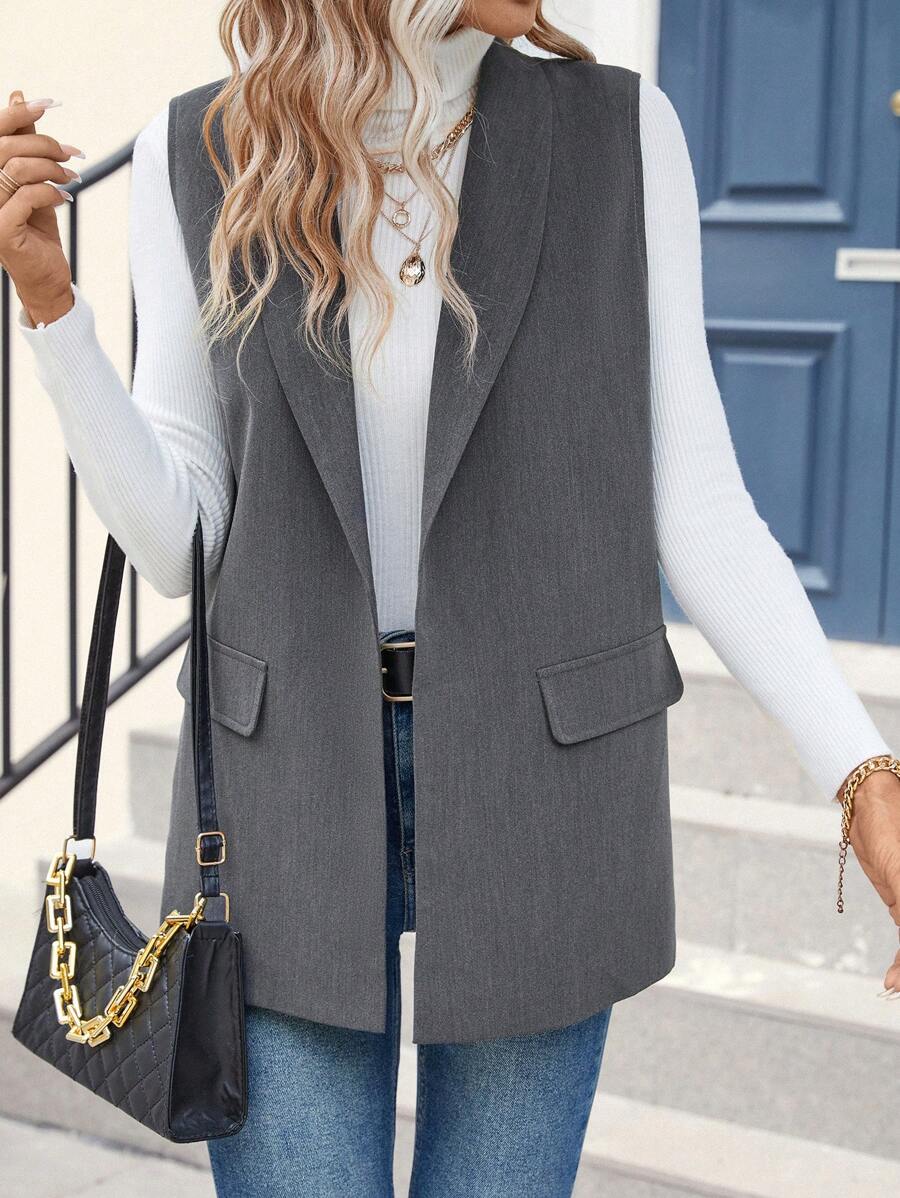 SHEIN LUNE 青果領開門襟馬甲西裝外套 - 深灰色 - 查看 1