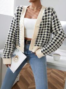 SHEIN Privé Houndstooth Pattern Drop Shoulder Cardigan - Black and White - View 3