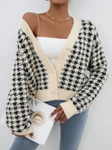SHEIN Privé Houndstooth Pattern Drop Shoulder Cardigan - Black and White - View 6