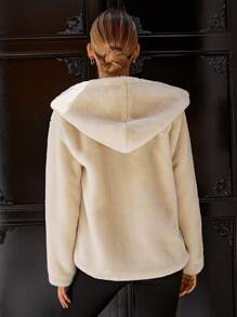 SHEIN Cottnline Solid Zip Up Hooded Teddy Coat - Beige - View 2