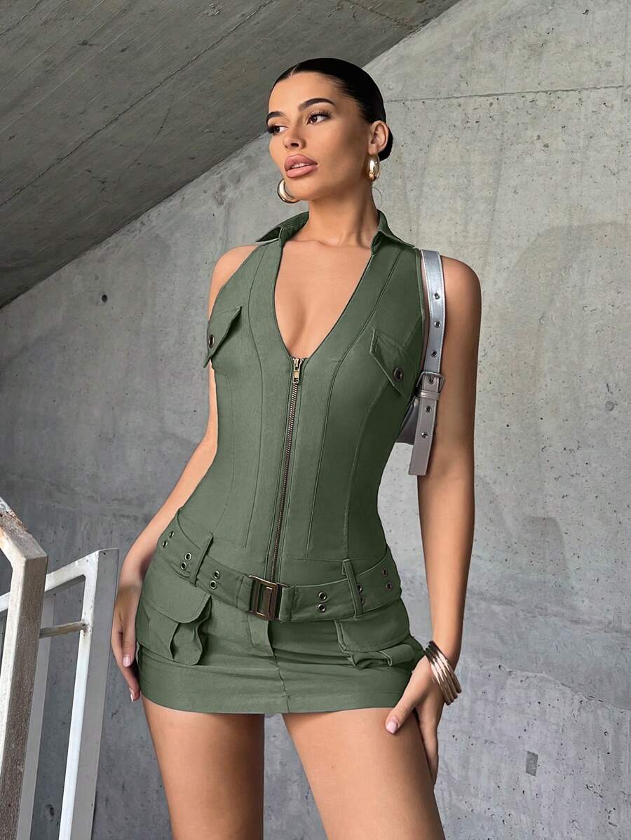 SHEIN ICON Zip Up Belted Bodycon Dress - Army Green - View 1