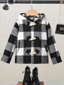 SHEIN Young Girl Buffalo Plaid Print Hooded Duffle Overcoat - Black and White - View 1