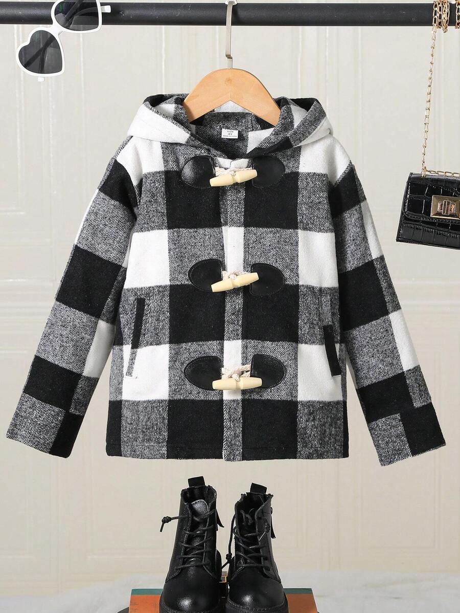 SHEIN Young Girl Buffalo Plaid Print Hooded Duffle Overcoat - Black and White - View 1