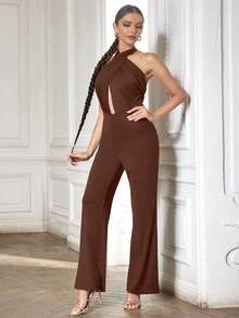 Solid Twist Front Halter Neck Backless Jumpsuit - Brown - View 7