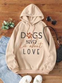 SHEIN LUNE Slogan Graphic Drawstring Thermal Lined Hoodie - Khaki - View 1