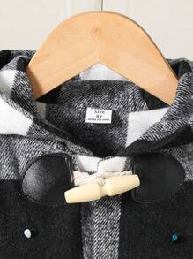 SHEIN Young Girl Buffalo Plaid Print Hooded Duffle Overcoat - Black and White - View 4