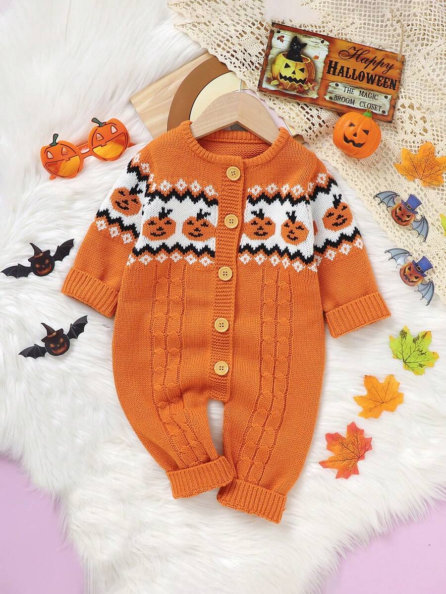 Baby Girl Halloween Pumpkin Pattern Cable Knit Jumpsuit - Orange - View 1