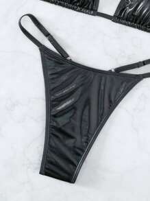 SHEIN ICON Summer Beach Metallic Halter Triangle Bikini Set - Black - View 5