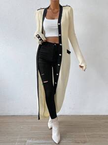 Chiquease Contrast Trim Button Front Ribbed Knit Cardigan - Beige - View 4