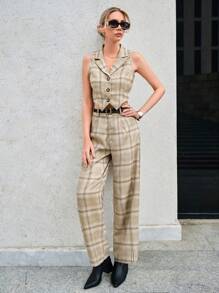 SHEIN BIZwear 格紋印花馬甲西裝外套&闊腿褲不附腰帶 - 卡其色 - 查看 2