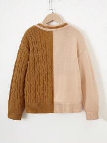 Tween Boy Two Tone Letter Embroidery Striped Trim Drop Shoulder Cable Knit Cardigan - Apricot - View 2