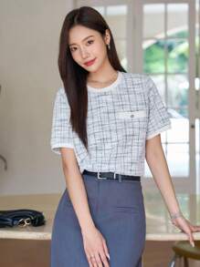 DAZY Camiseta A Cuadros Con Detalle De Solapa - Gris - Ver 8