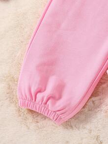 SHEIN Young Girl Cartoon Graphic 3D Ear Design Sweatshirt & Sweatpants - Pink - View 3