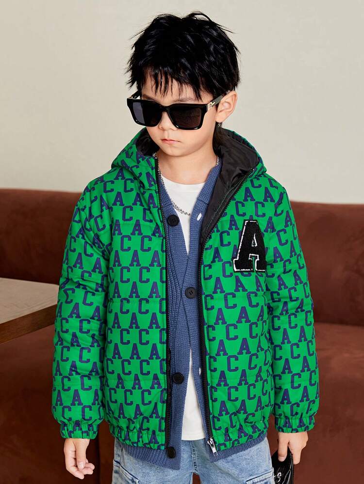 Tween Boy Letter Patched Hooded Puff Coat