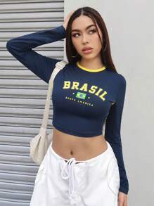 SHEIN EZwear Letter Graphic Contrast Binding Crop Tee - Navy Blue - View 5