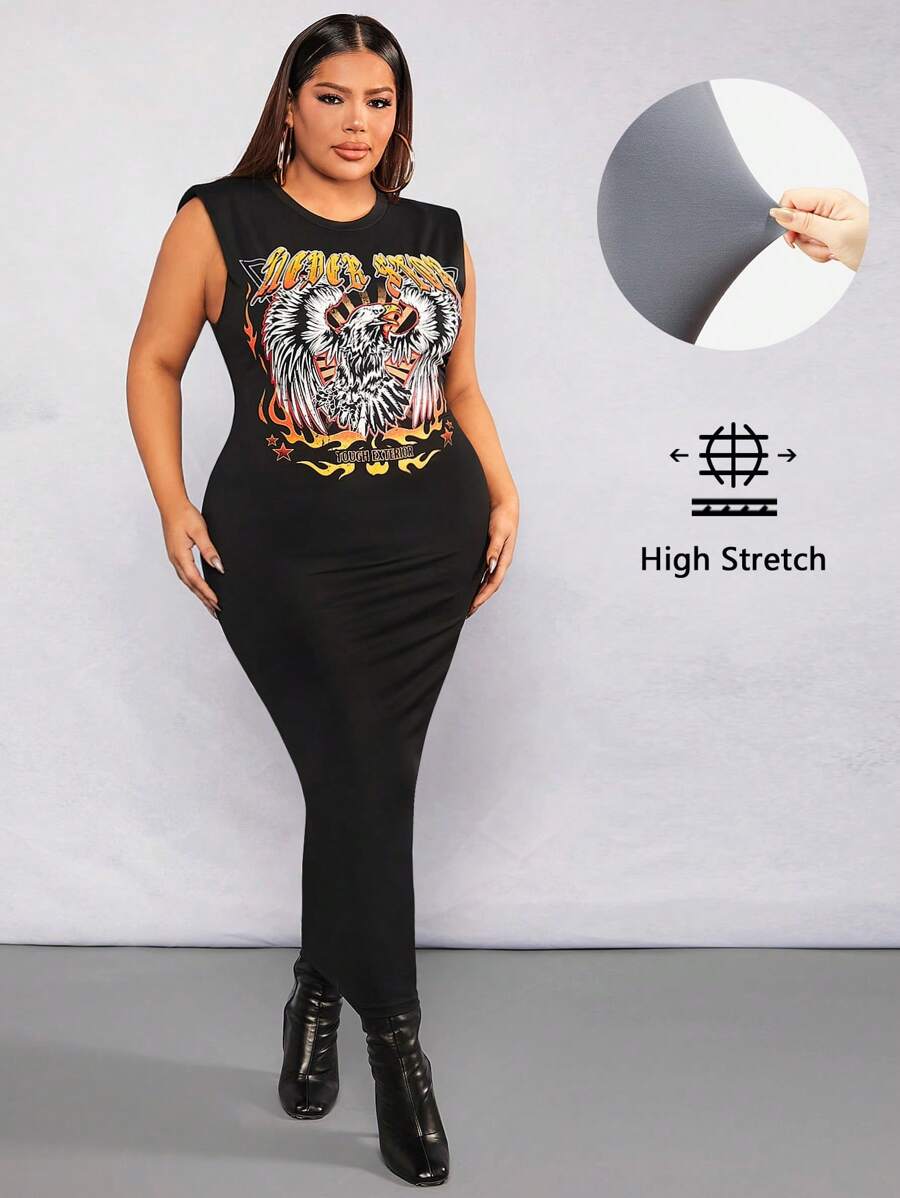 SHEIN SXY 大碼字母和老鷹印花墊肩緊身連衣裙 - 黑色 - 查看 1