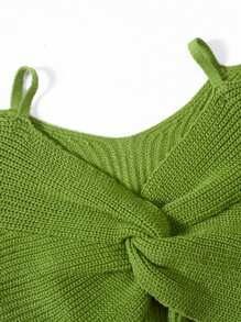 SHEIN Tween Girl Cold Shoulder Twist Front Crop Sweater - Olive Green - View 3