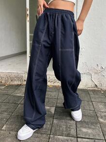 DAZY Khâu trên cùng Eo đàn hồi Quần ống rộng - Màu xanh hải quân - Xem 5