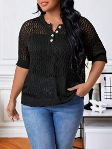 Calvaya 大碼半排扣網眼針織上衣 - 黑色 - 查看 6