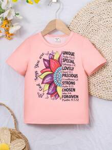 SHEIN Young Girl Floral & Letter Graphic Tee - Pink - View 1