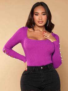 SHEIN SXY 紐扣細節方領條紋針織套頭毛衣 - 中紫紅色 - 查看 4