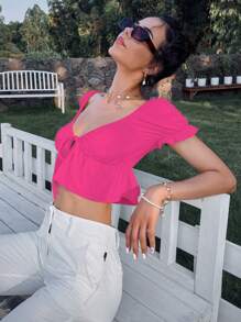 SHEIN Qutie Solid Puff Sleeve Ruffle Hem Top - Hot Pink - View 6