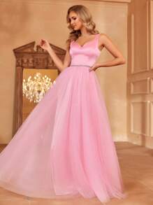 Sweetheart Contrast Mesh Formal Dress - Pink - View 3