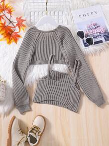 SHEIN Cô gái Tween Mở Mặt trước Nhún vai Áo len Mở & Áo thun dệt kim Cami - Xám - Xem 2