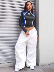 Coolane 字母圖案撞色小高領短款T恤 - 彩色 - 查看 6