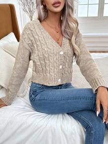 SHEIN Essnce Cable Knit Drop Shoulder Button Front Cardigan - Apricot - View 1