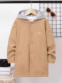 SHEIN 男大童字母刺繡加絨內裏連帽花呢外套不帶T恤 - 棕色 - 查看 3