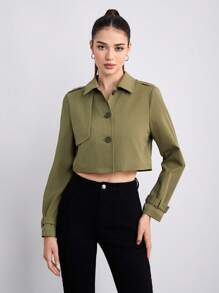 SHEINNeu Solid Button Front Crop Trench Coat - Army Green - View 1