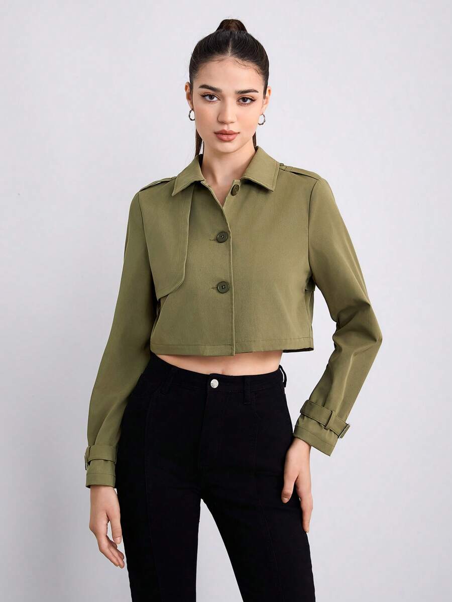 SHEINNeu Solid Button Front Crop Trench Coat - Army Green - View 1
