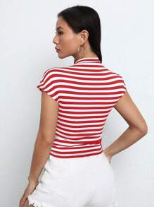 SHEIN EZwear Striped Print Batwing Sleeve Crop Tee - Red - View 2