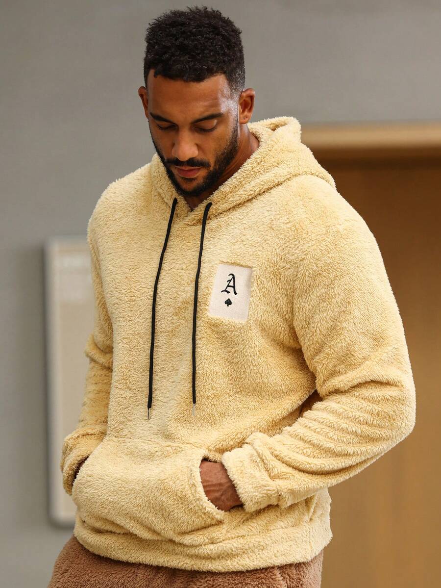 男士字母貼布袋鼠口袋抽繩毛絨帽衫 - 黃色 - 查看 1