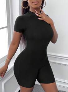 Slaydiva Cổ giả Tay Raglan Quần áo nịt Romper - màu đen - Xem 5