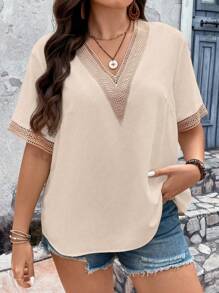 Breezaya Plus Contrast Guipure Lace Blouse - Apricot - View 3