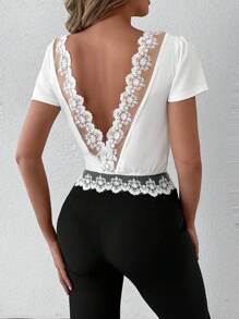 EURMUSE Blusa con encaje en contraste de espalda cortada V - Blanco - Ver 2
