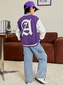 SHEIN Tween Boy Letter Graphic Two Tone Drop Shoulder Varsity Jacket - Multicolor - View 3