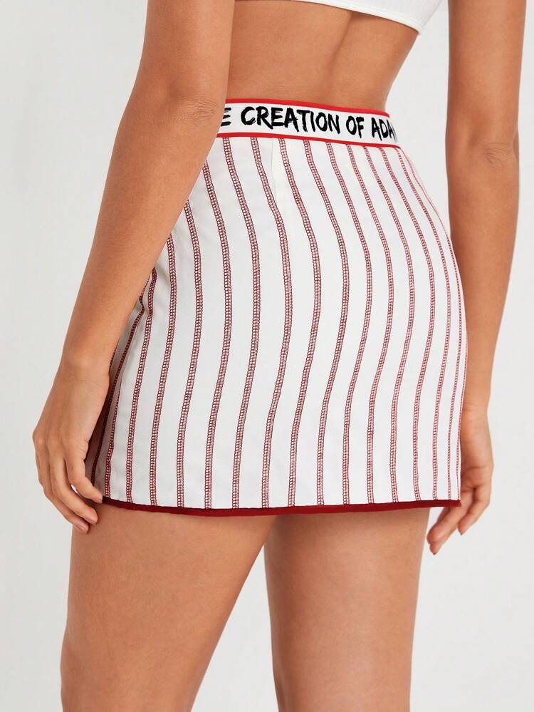 Designer Striped Print Letter Tape Waist Contrast Binding Elegant Skirt, For Summer, Holiday, Party, Vacation, Beach, Festival, Ibiza Fits