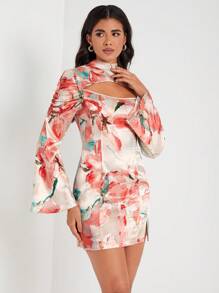 Becci Floral Print Cut Out Front Split Hem Dress - Multicolor - View 3