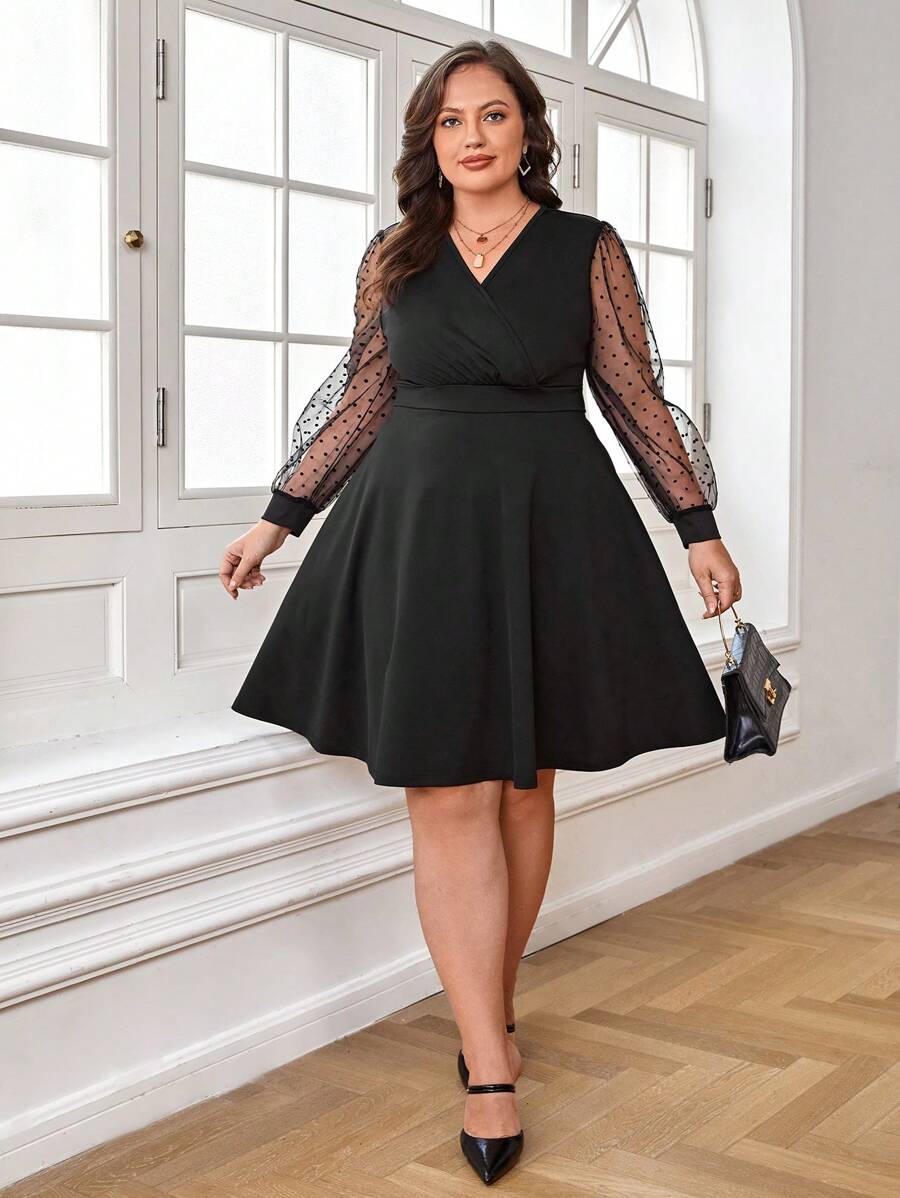 SHEIN Clasi 大碼網紗拼接燈籠袖洋裝 - 黑色 - 查看 1